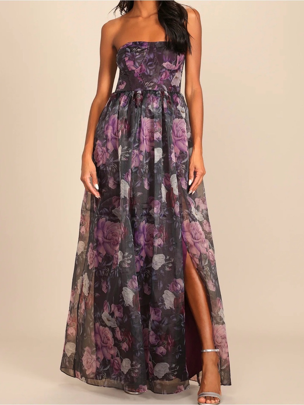 NWT Lulus Wonderful Waltz Purple Floral Print Strapless Bustier Maxi Dress Sz L